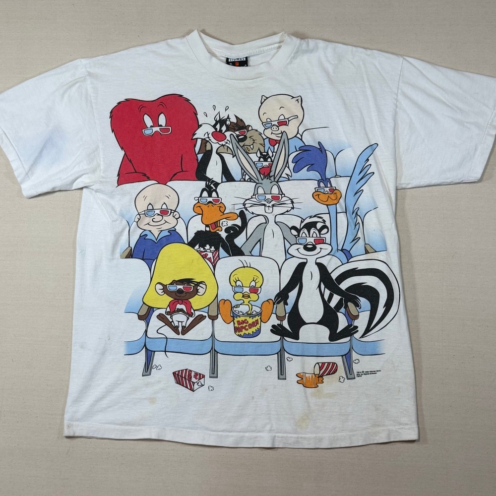 Vintage Looney Tunes 3D Movie Theater T-Shirt Signal Sports XL White USA 90s